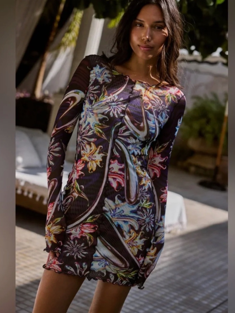 NWT Agua Bendita Hadley Floral Mesh Boat Neck Long Sleeve Mini Dress